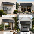 Kozyard multi purpose metal awning application outdoor equipment cover commercial cafe storefront facade backyard patio sliding door canopy garage door overhang all weather wall mounted metal shelter dark grey awning canopy