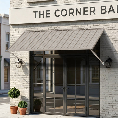 Kozyard 95 Inch Fixed Metal Window Door Awning, Taupe Powder Coated Iron Commercial Storefront Canopy, Waterproof Adjustable Wall Mount Metal Awning for Shop Front Door, Patio Entrance, Outdoor Sun Rain Protection, Heavy Duty Solid Metal Roof Awning for Residential & Commercial Building, Modern Decorative Exterior Wall Mount Sunshade Canopy Shelter