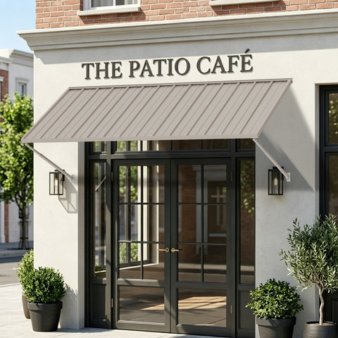 kozyard commercial metal awning, light gray color, rust-resistant sunshade canopy for café storefront restaurant window door
