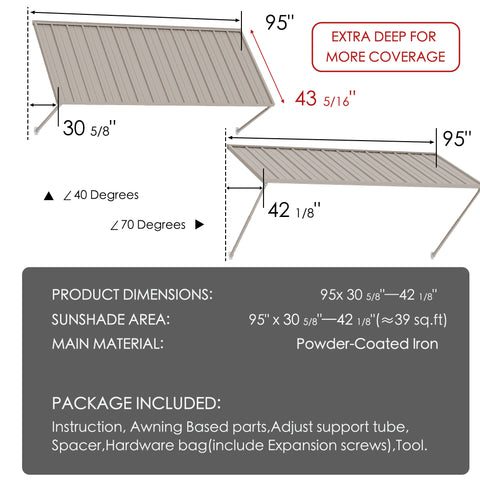 Kozyard 95" metal window awning product dimension chart and technical specifications overview. The detailed blueprint display highlights a 43-5/16 inch depth, a total sunshade area covering approximately 28 square feet, and flexible 40 to 70-degree installation angles. Constructed from heavy-duty powder-coated iron material for rust resistance and maximum durability, this infographic listing image showcases the full package content list, assembly hardware parts, and clear setup guide.