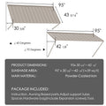 Kozyard Metal Fixed Awning Product Dimension Diagram, 95x30 5/8-42 1/8 Inch Adjustable Wall Mount Iron Canopy, Powder Coated Iron Commercial Door Window Awning Specs, Adjustable Angle 40°-70°, Package Accessories List, Heavy Duty Outdoor Sunshade Awning Measurement Chart for Home & Store