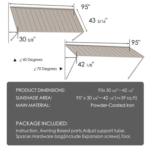Kozyard Metal Fixed Awning Product Dimension Diagram, 95x30 5/8-42 1/8 Inch Adjustable Wall Mount Iron Canopy, Powder Coated Iron Commercial Door Window Awning Specs, Adjustable Angle 40°-70°, Package Accessories List, Heavy Duty Outdoor Sunshade Awning Measurement Chart for Home & Store