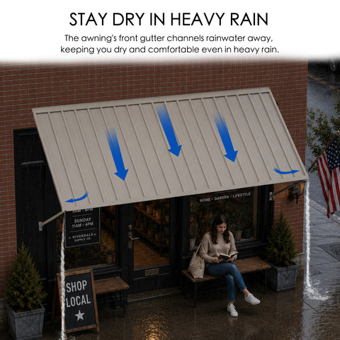 Kozyard Waterproof Metal Wall Mount Awning Rain Drainage Feature, Front Gutter Channel Design Fixed Iron Canopy, Heavy Duty Commercial Storefront Door Awning, Rainwater Diversion Solid Metal Roof Awning, Outdoor Weather Resistant Sun Rain Shelter for Shop Window, Entrance Patio Canopy