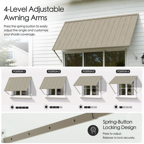 Kozyard 4-Level Adjustable Angle Metal Wall Awning, Spring Button Lock Adjustable Support Arms Fixed Iron Canopy, Custom Shade Coverage Outdoor Window Door Awning, Taupe Powder Coated Heavy Duty Sunshade Shelter for Residential House, Commercial Shop Front Entrance