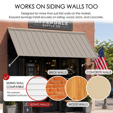 Kozyard metal awning wall compatibility diagram showcasing easy installation on multiple siding surfaces like brick walls, concrete walls, and wood walls. The outdoor application picture features the dark gray canopy mounted securely next to a driveway parking space with a Tesla Cybertruck. The complete kit package includes high-quality stainless steel screws and heavy-duty wall anchors, guaranteeing a straightforward DIY installation process over utility meters or side garage doors.