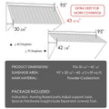 Kozyard 95 inch metal awning dimension diagram showing a 7.92 FT wide wall mounted outdoor canopy with a 43 5/16 inch deep roof panel and adjustable horizontal projection from 30 5/8 to 42 1/8 inches. Features powder coated iron construction and adjustable mounting angles from 40 to 70 degrees. Suitable for commercial storefront awnings, exterior door canopies, restaurant windows, residential entrances, garage shelters, and outdoor patio shade applications.