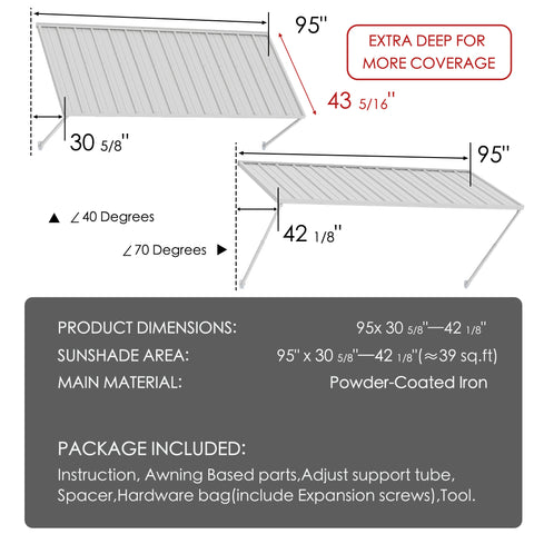 Kozyard 95 inch metal awning dimension diagram showing a 7.92 FT wide wall mounted outdoor canopy with a 43 5/16 inch deep roof panel and adjustable horizontal projection from 30 5/8 to 42 1/8 inches. Features powder coated iron construction and adjustable mounting angles from 40 to 70 degrees. Suitable for commercial storefront awnings, exterior door canopies, restaurant windows, residential entrances, garage shelters, and outdoor patio shade applications.