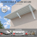 Kozyard 95 inch heavy duty metal awning featuring an enhanced center support rod and reinforced adjustable support arms for improved structural stability. The underside view highlights the sturdy powder coated iron construction and additional support system designed to strengthen the wide outdoor canopy. Ideal for commercial storefront awnings, restaurant service windows, residential door canopies, garage entrance covers, patio shelters, and exterior shade structures requiring dependable support.