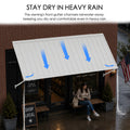 Kozyard 95 inch metal awning featuring an integrated front gutter system designed to channel rainwater toward the canopy edges during heavy rainfall. Installed above a retail storefront entrance, this wall mounted outdoor rain canopy helps reduce direct rain exposure for customers waiting outside the shop. Ideal for commercial storefronts, restaurant entrances, cafe windows, retail shop doorways, exterior door awnings, sidewalk waiting areas, and outdoor weather protection applications.