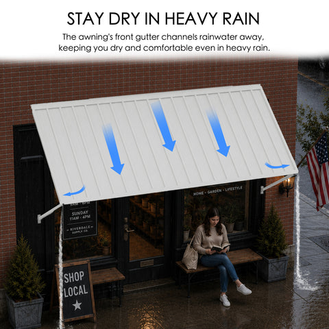 Kozyard 95 inch metal awning featuring an integrated front gutter system designed to channel rainwater toward the canopy edges during heavy rainfall. Installed above a retail storefront entrance, this wall mounted outdoor rain canopy helps reduce direct rain exposure for customers waiting outside the shop. Ideal for commercial storefronts, restaurant entrances, cafe windows, retail shop doorways, exterior door awnings, sidewalk waiting areas, and outdoor weather protection applications.