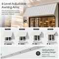 Kozyard 95 inch adjustable metal awning featuring four level adjustable support arms with a spring button locking mechanism for customized shade coverage. The illustrated positions demonstrate how the canopy angle can be adjusted to accommodate changing sunlight conditions. Installed above a commercial coffee shop window, this wall mounted outdoor awning is ideal for storefronts, restaurant service windows, residential entrances, patios, and exterior spaces requiring flexible shade protection.