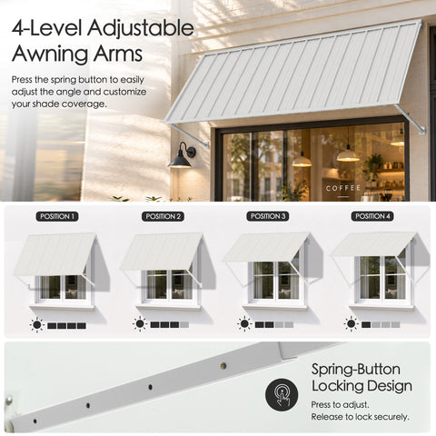 Kozyard 95 inch adjustable metal awning featuring four level adjustable support arms with a spring button locking mechanism for customized shade coverage. The illustrated positions demonstrate how the canopy angle can be adjusted to accommodate changing sunlight conditions. Installed above a commercial coffee shop window, this wall mounted outdoor awning is ideal for storefronts, restaurant service windows, residential entrances, patios, and exterior spaces requiring flexible shade protection.