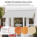 Kozyard 95 inch wall mounted metal awning designed for installation on siding, brick, wood, and concrete walls using appropriate mounting hardware. The illustrated commercial coffee shop installation highlights compatibility with different exterior wall surfaces, including uneven and stepped siding. Suitable for residential entrances, commercial storefronts, restaurant windows, garage walls, patio doors, exterior window covers, and outdoor weather protection applications.
