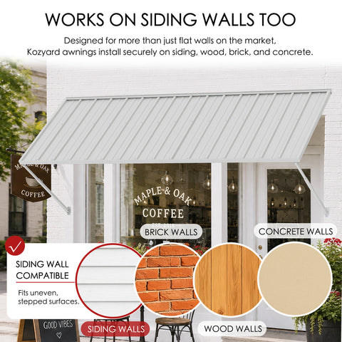 Kozyard 95 inch wall mounted metal awning designed for installation on siding, brick, wood, and concrete walls using appropriate mounting hardware. The illustrated commercial coffee shop installation highlights compatibility with different exterior wall surfaces, including uneven and stepped siding. Suitable for residential entrances, commercial storefronts, restaurant windows, garage walls, patio doors, exterior window covers, and outdoor weather protection applications.
