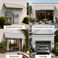 Kozyard 95 inch metal awning displayed in four outdoor installation settings including utility equipment protection, commercial storefront coverage, backyard patio shelter, and residential garage entrance canopy. This versatile wall mounted outdoor awning provides extended overhead shade and weather protection for different residential and business applications. Ideal for exterior door awnings, commercial facade canopies, restaurant entrances, patio covers, garage shelters, and outdoor equipment protection.