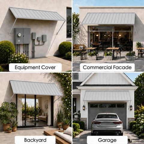 Kozyard 95 inch metal awning displayed in four outdoor installation settings including utility equipment protection, commercial storefront coverage, backyard patio shelter, and residential garage entrance canopy. This versatile wall mounted outdoor awning provides extended overhead shade and weather protection for different residential and business applications. Ideal for exterior door awnings, commercial facade canopies, restaurant entrances, patio covers, garage shelters, and outdoor equipment protection.