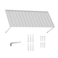 Kozyard 95 inch metal awning product display featuring a wide corrugated metal roof canopy, adjustable support arms, and included installation accessories. The package includes mounting screws, expansion anchors, and an installation tool for wall mounting. Designed for residential and commercial outdoor applications, this 7.92 FT exterior awning provides practical overhead coverage for storefront windows, restaurant pickup areas, residential doorways, garage entrances, patios, and utility equipment.