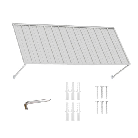 Kozyard 95 inch metal awning product display featuring a wide corrugated metal roof canopy, adjustable support arms, and included installation accessories. The package includes mounting screws, expansion anchors, and an installation tool for wall mounting. Designed for residential and commercial outdoor applications, this 7.92 FT exterior awning provides practical overhead coverage for storefront windows, restaurant pickup areas, residential doorways, garage entrances, patios, and utility equipment.