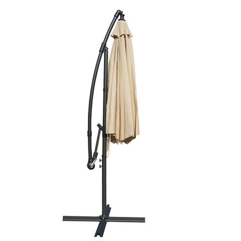 Side - view image of a collapsed beige outdoor offset umbrella supported by a black frame and base. The umbrella is bundled up, indicating it is ready for storage or transport. Folded Blue Cantilever Patio Umbrella: Compact and Ready for Storage. Collapsed Beige Outdoor Umbrella: Space - Saving Design. beige patio umbrella, cantilever umbrella, folded umbrella, outdoor umbrella, compact umbrella, umbrella storage