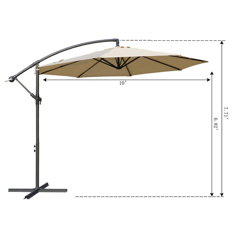 A side - view diagram of a 10 - foot beige cantilever patio umbrella with measurements. The height of the pole is 7.71 feet and the height from the base to the bottom of the canopy is 6.82 feet. The umbrella is mounted on a black base.10 - Foot Beige Cantilever Patio Umbrella Dimensions. Outdoor Offset Umbrella: Beige Canopy with Size Details. Cantilever umbrella, patio umbrella, outdoor umbrella, beige umbrella, 10 - foot canopy, umbrella dimensions.
