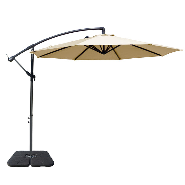 Beige Cantilever Patio Umbrella with Weighted Base. Beige cantilever patio umbrella with a sturdy weighted base, perfect for outdoor shade and garden decor. Cantilever umbrella, patio umbrella, outdoor shade, garden decor, beige umbrella, weighted base