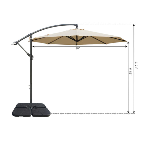 A side - view diagram of a 10 - foot beige cantilever patio umbrella with measurements. The height of the pole is 7.71 feet and the height from the base to the bottom of the canopy is 6.82 feet. The umbrella is mounted on a black base.0 - Foot Beige Cantilever Patio Umbrella Dimensions. Outdoor Offset Umbrella: Beige Canopy with Size Details. Cantilever umbrella, patio umbrella, outdoor umbrella, beige umbrella, 10 - foot canopy, umbrella dimensions.
