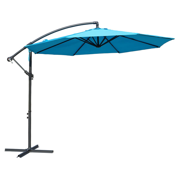A side - view image of a vibrant blue cantilever patio umbrella with a black metal frame and stand. The umbrella features a wide, open canopy, providing ample shade.
A blue outdoor offset umbrella with a sleek black frame, shown in a side profile. The umbrella is designed to offer shade and is mounted on a sturdy base.Blue Cantilever Patio Umbrella: Stylish Shade Solution. Outdoor Offset Umbrella: Blue Canopy for a Cool Retreat. cantilever umbrella, patio umbrella, blue umbrella, outdoor umbrella.