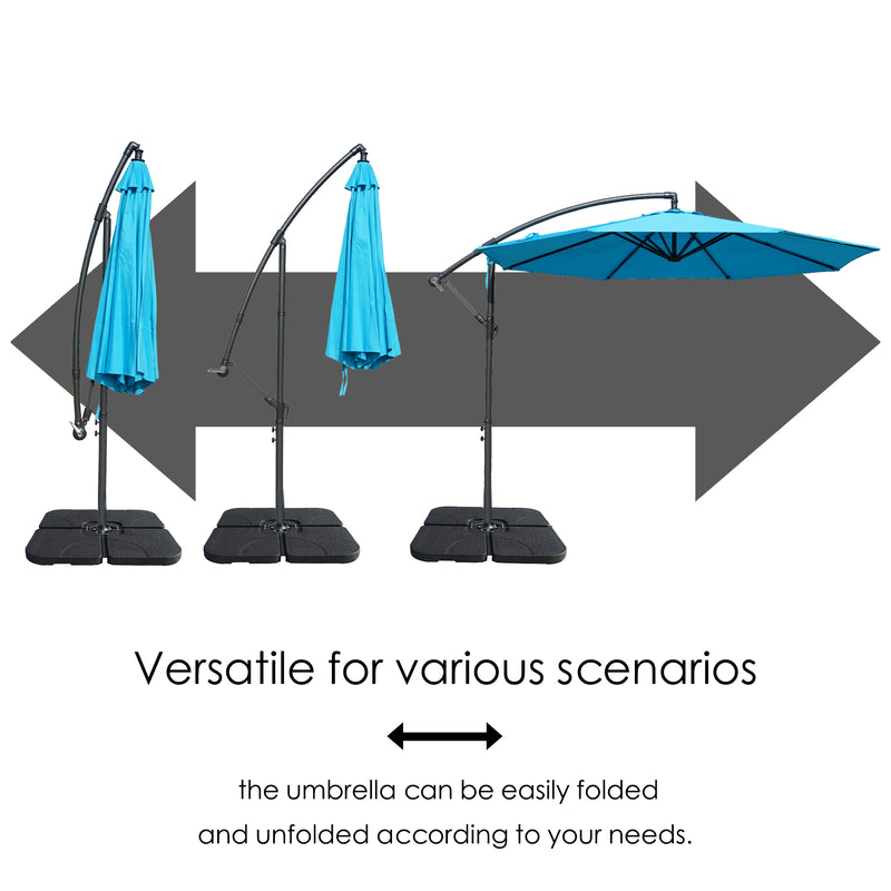 Images demonstrating the folding and unfolding process of a blue cantilever patio umbrella, highlighting its versatility for different scenarios. Versatile Cantilever Umbrella: Easy to Fold and Unfold.Adjustable Patio Umbrella: Adaptable for Different Scenarios.cantilever umbrella, patio umbrella, versatile umbrella, easy - fold umbrella, adjustable umbrella, outdoor umbrella