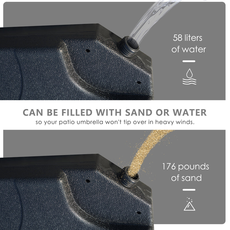 Visual guide showing a patio umbrella base that can be filled with either 58 liters of water or 176 pounds of sand to prevent the umbrella from tipping over in heavy winds. Patio Umbrella Base: Fill with Water or Sand for Stability.
Umbrella Base: Dual Filling Options for Wind Resistance. patio umbrella base, umbrella base, fill with water, fill with sand, wind resistance, umbrella stability.