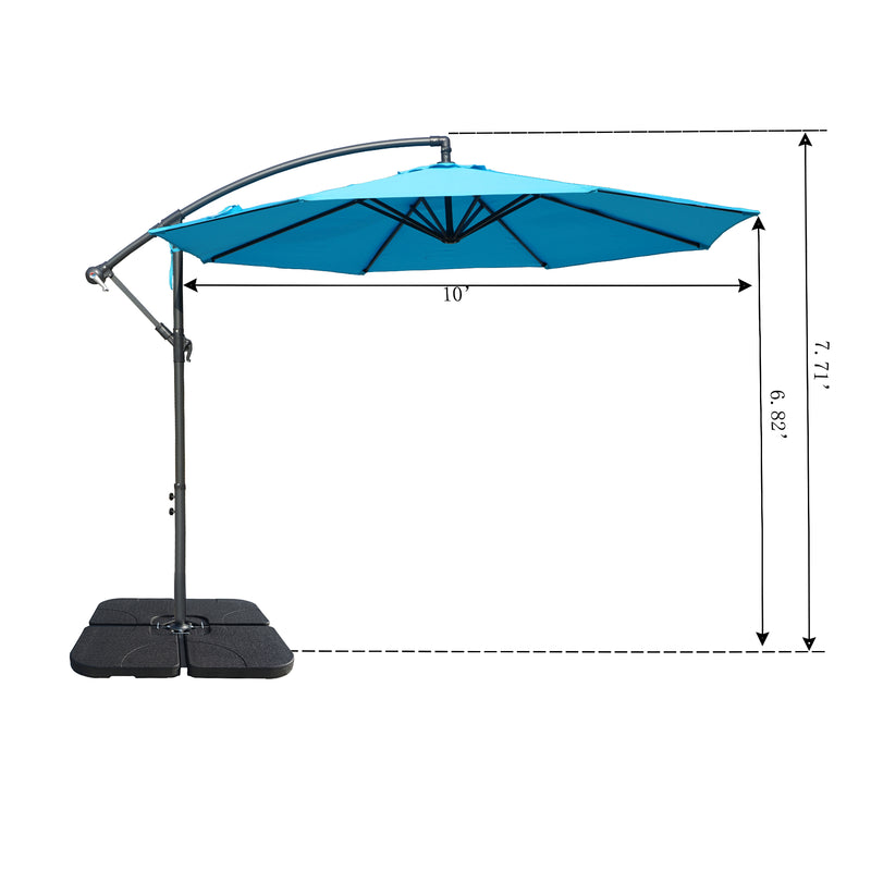 A side - view diagram of a 10 - foot blue cantilever patio umbrella with measurements. The height of the pole is 7.71 feet and the height from the base to the bottom of the canopy is 6.82 feet. The umbrella is mounted on a black base.0 - Foot Blue Cantilever Patio Umbrella Dimensions. Outdoor Offset Umbrella: Blue Canopy with Size Details. Cantilever umbrella, patio umbrella, outdoor umbrella, blue umbrella, 10 - foot canopy, umbrella dimensions.
