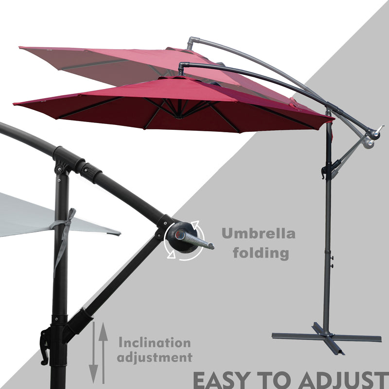 Visual guide highlighting the adjustable features of a red patio umbrella. It shows the umbrella in an extended position with details on how to adjust the inclination and fold the canopy, emphasizing its user - friendly design. Red Patio Umbrella: Effortless Adjustment Features. Outdoor Umbrella: Easy Inclination Adjustment and Folding. red patio umbrella, outdoor umbrella, adjustable umbrella, inclination adjustment, umbrella folding, easy - to - use.