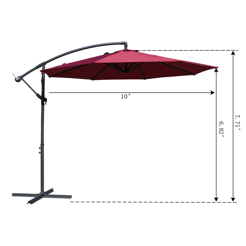 A side - view diagram of a 10 - foot red cantilever patio umbrella with measurements. The height of the pole is 7.71 feet and the height from the base to the bottom of the canopy is 6.82 feet. The umbrella is mounted on a black base.0 - Foot Red Cantilever Patio Umbrella Dimensions. Outdoor Offset Umbrella: Red Canopy with Size Details. Cantilever umbrella, patio umbrella, outdoor umbrella, red umbrella, 10 - foot canopy, umbrella dimensions.