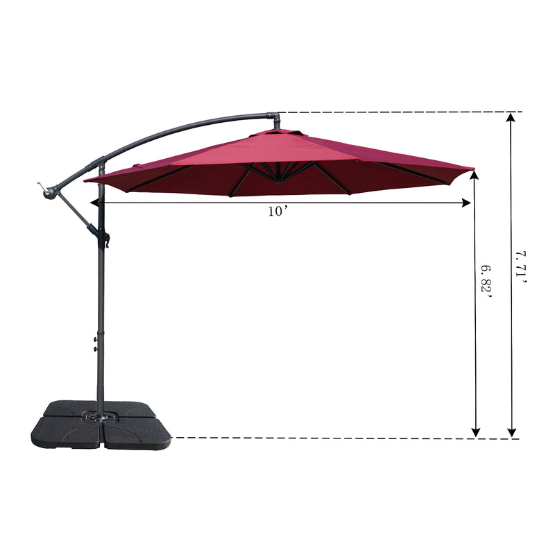 A side - view diagram of a 10 - foot maroon cantilever patio umbrella with measurements. The height of the pole is 7.71 feet and the height from the base to the bottom of the canopy is 6.82 feet. The umbrella is mounted on a black base.0 - Foot Maroon Cantilever Patio Umbrella Dimensions. Outdoor Offset Umbrella: Maroon Canopy with Size Details. Cantilever umbrella, patio umbrella, outdoor umbrella, maroon umbrella, 10 - foot canopy, umbrella dimensions.

