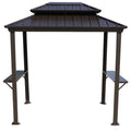 A dark - colored outdoor iron barbecue pavilion with a double - tiered roof. It features four sturdy iron legs and two side shelves, providing a practical and stylish outdoor cooking and gathering space. Stylish Outdoor Iron Barbecue Pavilion. outdoor iron barbecue pavilion, double - tiered roof, iron legs, side shelves, outdoor cooking