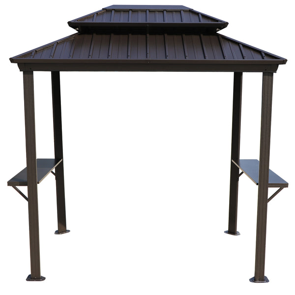 A dark - colored outdoor iron barbecue pavilion with a double - tiered roof. It features four sturdy iron legs and two side shelves, providing a practical and stylish outdoor cooking and gathering space. Stylish Outdoor Iron Barbecue Pavilion. outdoor iron barbecue pavilion, double - tiered roof, iron legs, side shelves, outdoor cooking