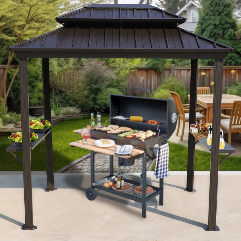 A dark - colored outdoor iron barbecue pavilion set in a backyard scene. It has a double - tiered roof and side shelves holding food items like salads and grilled dishes. Beneath the pavilion, there's a barbecue grill loaded with various foods being cooked. The background features greenery, a wooden fence, and outdoor furniture.Functional Outdoor Iron Barbecue Pavilion for Backyard Grilling. outdoor iron barbecue pavilion, backyard grill, double - tiered roof, side shelves, outdoor cooking.