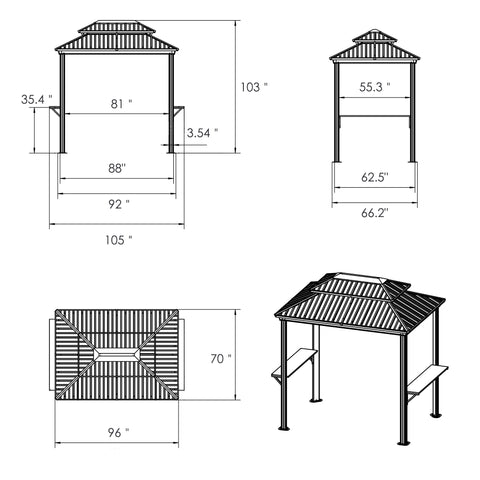 Kozyard hardtop BBQ gazebo dimension guide and structural engineering layout specifications. Displays precise sizing measurements including total height of 103 inches, length of 105 inches, width of 70 inches, and heavy-duty 3.54-inch wide aluminum support pillars. Perfect technical architectural plan blueprint for homeowners planning patio, backyard, or garden installation of this premium double roof metal barbecue grill canopy shelter.