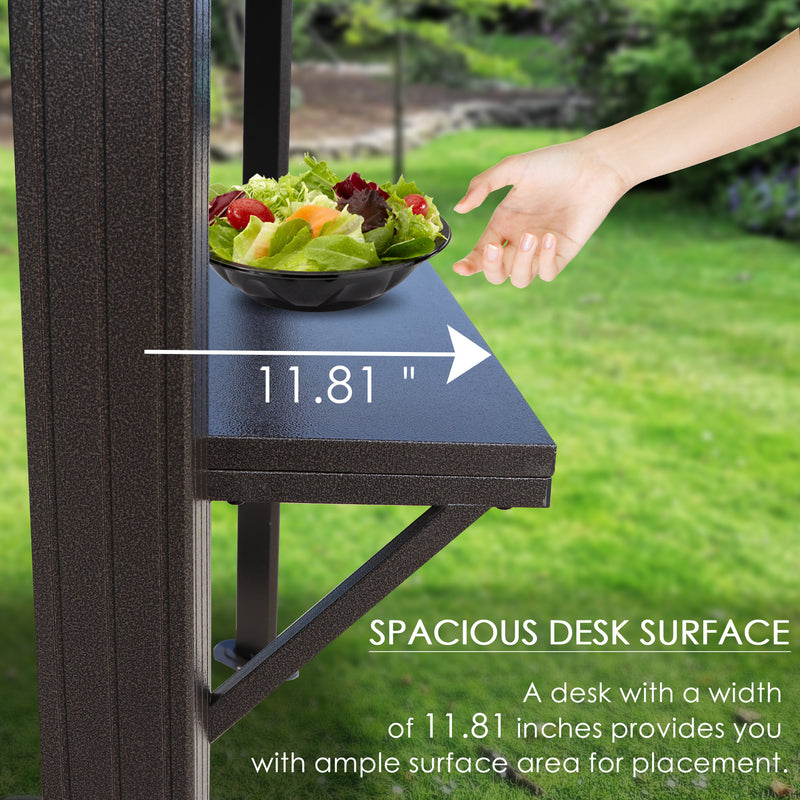 A close - up image of a dark - colored side shelf on an outdoor iron barbecue pavilion. A hand is reaching towards a bowl of salad placed on the shelf. The width of the shelf is marked as 11.81 inches, and the text below highlights that the spacious desk surface offers ample area for placing items. Spacious Side Shelf on Outdoor Iron Barbecue Pavilion. outdoor iron barbecue pavilion, side shelf, spacious desk surface, 11.81 - inch width, item placement.