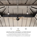 An interior view of the roof of an outdoor iron barbecue pavilion, showcasing a ventilated double - layer roof design. There are two pendant lights and a ceiling fan hanging from the roof. The text below explains that the double - layer roof ensures ventilation, Textilene mesh keeps insects out, and three U - shaped hooks on the top allow for hanging a fan or pendant lights.Ventilated Double - Layer Roof of Outdoor Iron Barbecue Pavilion. outdoor iron barbecue pavilion, double - layer roof, ventilation
