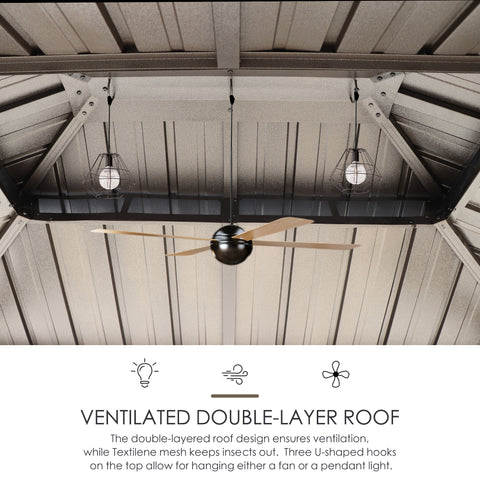 An interior view of the roof of an outdoor iron barbecue pavilion, showcasing a ventilated double - layer roof design. There are two pendant lights and a ceiling fan hanging from the roof. The text below explains that the double - layer roof ensures ventilation, Textilene mesh keeps insects out, and three U - shaped hooks on the top allow for hanging a fan or pendant lights.Ventilated Double - Layer Roof of Outdoor Iron Barbecue Pavilion. outdoor iron barbecue pavilion, double - layer roof, ventilation