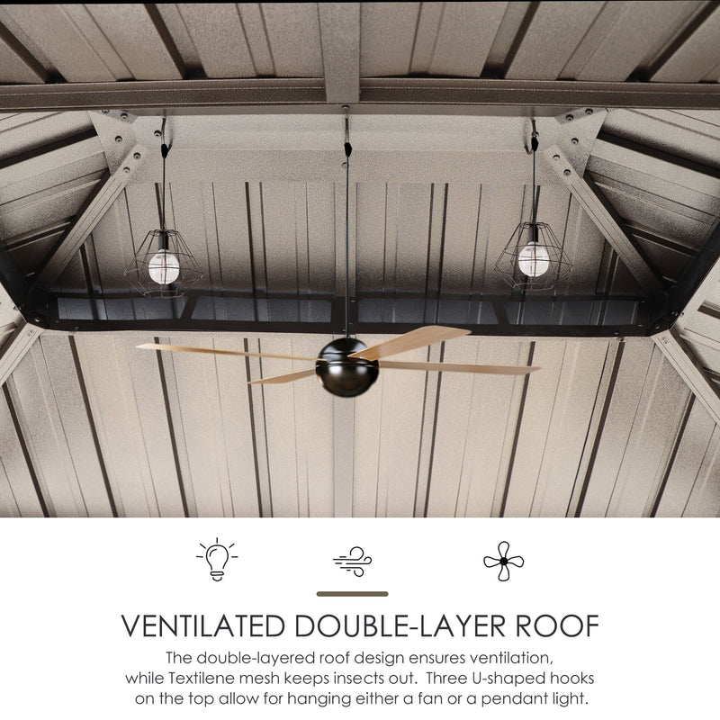 An interior view of the roof of an outdoor iron barbecue pavilion, showcasing a ventilated double - layer roof design. There are two pendant lights and a ceiling fan hanging from the roof. The text below explains that the double - layer roof ensures ventilation, Textilene mesh keeps insects out, and three U - shaped hooks on the top allow for hanging a fan or pendant lights.Ventilated Double - Layer Roof of Outdoor Iron Barbecue Pavilion. outdoor iron barbecue pavilion, double - layer roof, ventilation