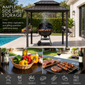 Kozyard BBQ grill gazebo highlighting ample side shelf storage capacity. Close-up views demonstrate organizing grilling essentials, fresh ingredients, vegetables, seasoning shakers, wine glasses, and steaks right by the charcoal kettle grill. This multi-functional outdoor cooking station canopy keeps drinks, skewers, and barbecue tools within easy arm's reach, offering ultimate convenience for professional backyard chefs and patio culinary events.