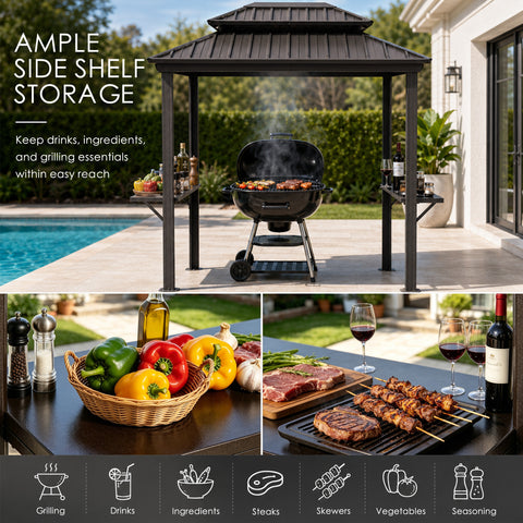 Kozyard BBQ grill gazebo highlighting ample side shelf storage capacity. Close-up views demonstrate organizing grilling essentials, fresh ingredients, vegetables, seasoning shakers, wine glasses, and steaks right by the charcoal kettle grill. This multi-functional outdoor cooking station canopy keeps drinks, skewers, and barbecue tools within easy arm's reach, offering ultimate convenience for professional backyard chefs and patio culinary events.