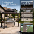 Kozyard double metal roof BBQ gazebo showcasing specialized design features. Detail view highlights the double roof ventilation system with textilene insect-proof netting, top 3 U-hooks for hanging patio fans or pendant lighting mounts, and a sturdy powder-coated frame design with reinforced corner brackets. Engineered for optimal smoke release, superior airflow, and structural wind resistance during outdoor cooking, backyard grilling, and dining.