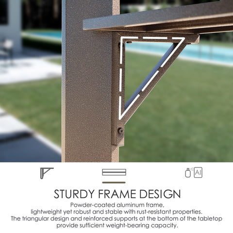 A close - up image highlighting the structural support of an outdoor iron barbecue pavilion. The focus is on a triangular - shaped support bracket beneath a shelf, with a dashed line emphasizing its design. The text below explains that the pavilion features a powder - coated aluminum frame, which is lightweight yet sturdy, rust - resistant, and has a triangular design and reinforced supports for better weight - bearing capacity.Sturdy Frame Design of Outdoor Iron Barbecue Pavilion. outdoor iron barbecue 