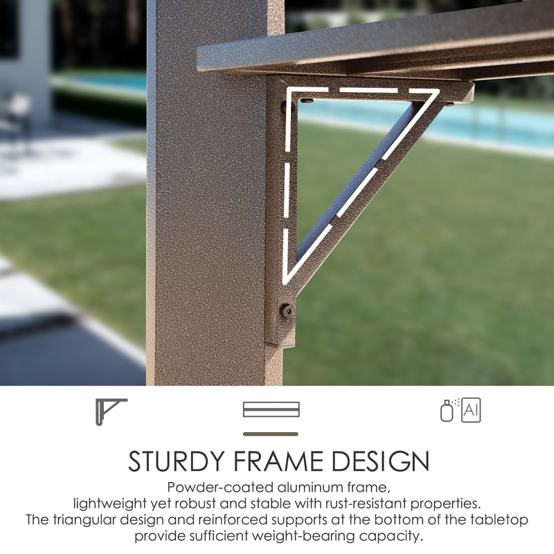 A close - up image highlighting the structural support of an outdoor iron barbecue pavilion. The focus is on a triangular - shaped support bracket beneath a shelf, with a dashed line emphasizing its design. The text below explains that the pavilion features a powder - coated aluminum frame, which is lightweight yet sturdy, rust - resistant, and has a triangular design and reinforced supports for better weight - bearing capacity.Sturdy Frame Design of Outdoor Iron Barbecue Pavilion. outdoor iron barbecue 