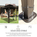 An image showing an outdoor iron barbecue pavilion in use with people dining nearby on the left side, and a close - up of the pavilion's aluminum pillar base on the right side. The text below reads "SOLID AND STABLE" and explains that the 3.54 - inch wide aluminum pillars offer strong support, with pre - drilled holes for securing, ensuring the canopy is spacious and sturdy.Sturdy Outdoor Iron Barbecue Pavilion: Solid Pillar Support. outdoor iron barbecue pavilion, solid and stable, 3.54 - inch alu pillars