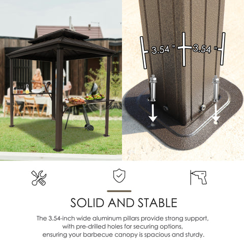 An image showing an outdoor iron barbecue pavilion in use with people dining nearby on the left side, and a close - up of the pavilion's aluminum pillar base on the right side. The text below reads "SOLID AND STABLE" and explains that the 3.54 - inch wide aluminum pillars offer strong support, with pre - drilled holes for securing, ensuring the canopy is spacious and sturdy.Sturdy Outdoor Iron Barbecue Pavilion: Solid Pillar Support. outdoor iron barbecue pavilion, solid and stable, 3.54 - inch alu pillars