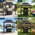 Kozyard multi-scene patio grill pavilion demonstrating versatile outdoor placement options. Layout showcases the heavy-duty metal roof BBQ gazebo beautifully setup on a stone patio, a green park lawn, a luxury poolside deck, and a classic suburban backyard garden next to dining tables. Ultimate all-weather barbecue grill shelter canopy designed to elevate any outdoor living area, family party venue, or community camping picnic site.