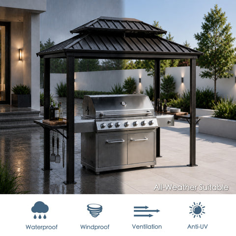 Kozyard all-weather suitable hardtop grill gazebo shown in a split rain and sun protective comparison. Highlights premium waterproof, windproof, ventilated, and anti-UV sunshade capabilities. This heavy-duty metal roof barbecue canopy shields your expensive stainless steel gas grill and cooking station from heavy downpours and harsh summer sunlight. Reliable outdoor shelter ensuring year-round backyard cooking and grilling performance.